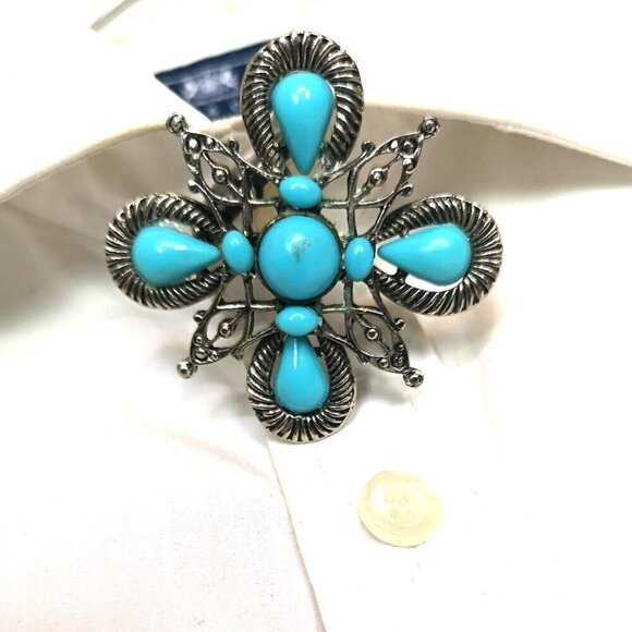 Vintage Western Antique Silver Turquoise Brooch - Picture 1 of 4